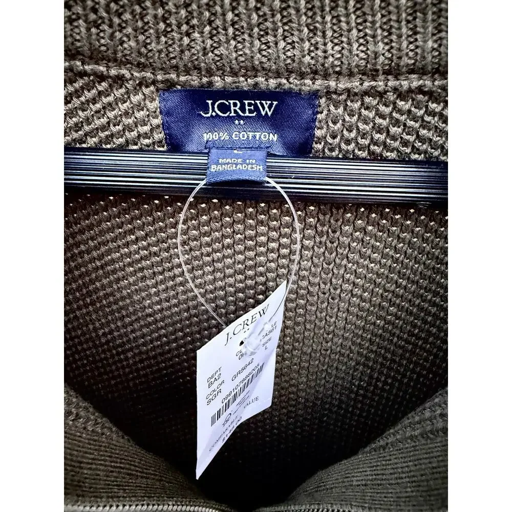 J.Crew Mens Large Olive Waffle Knit Quarter Zip Sweater 100% Cotton NWT